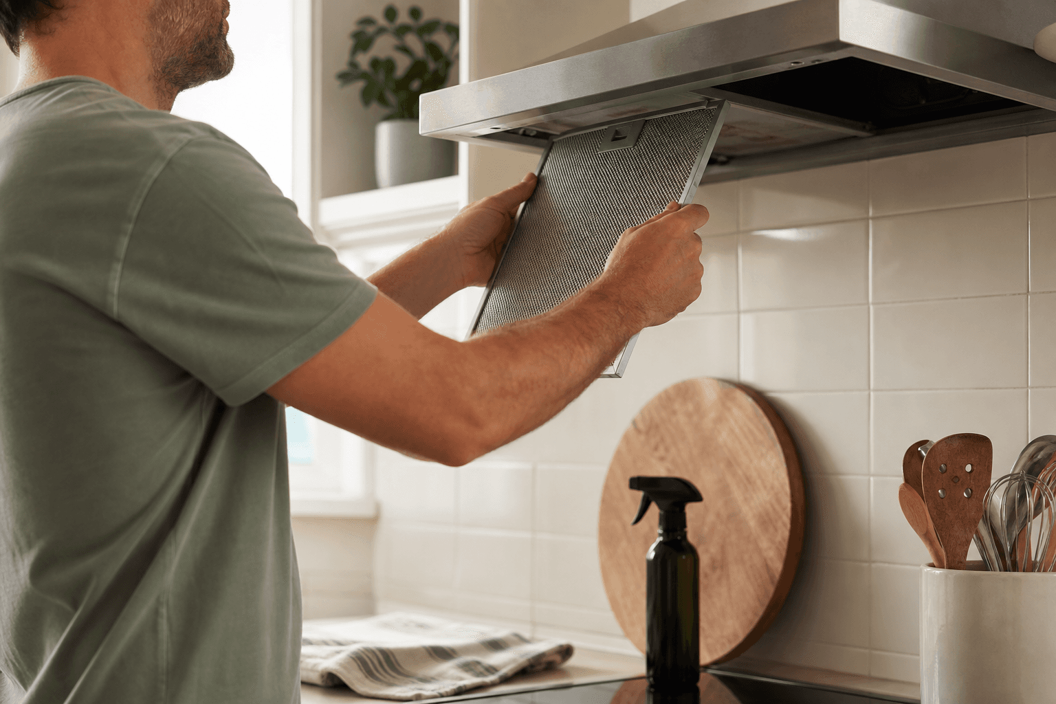 Homeowner cleaning a rangehood filter as recurring home maintenance