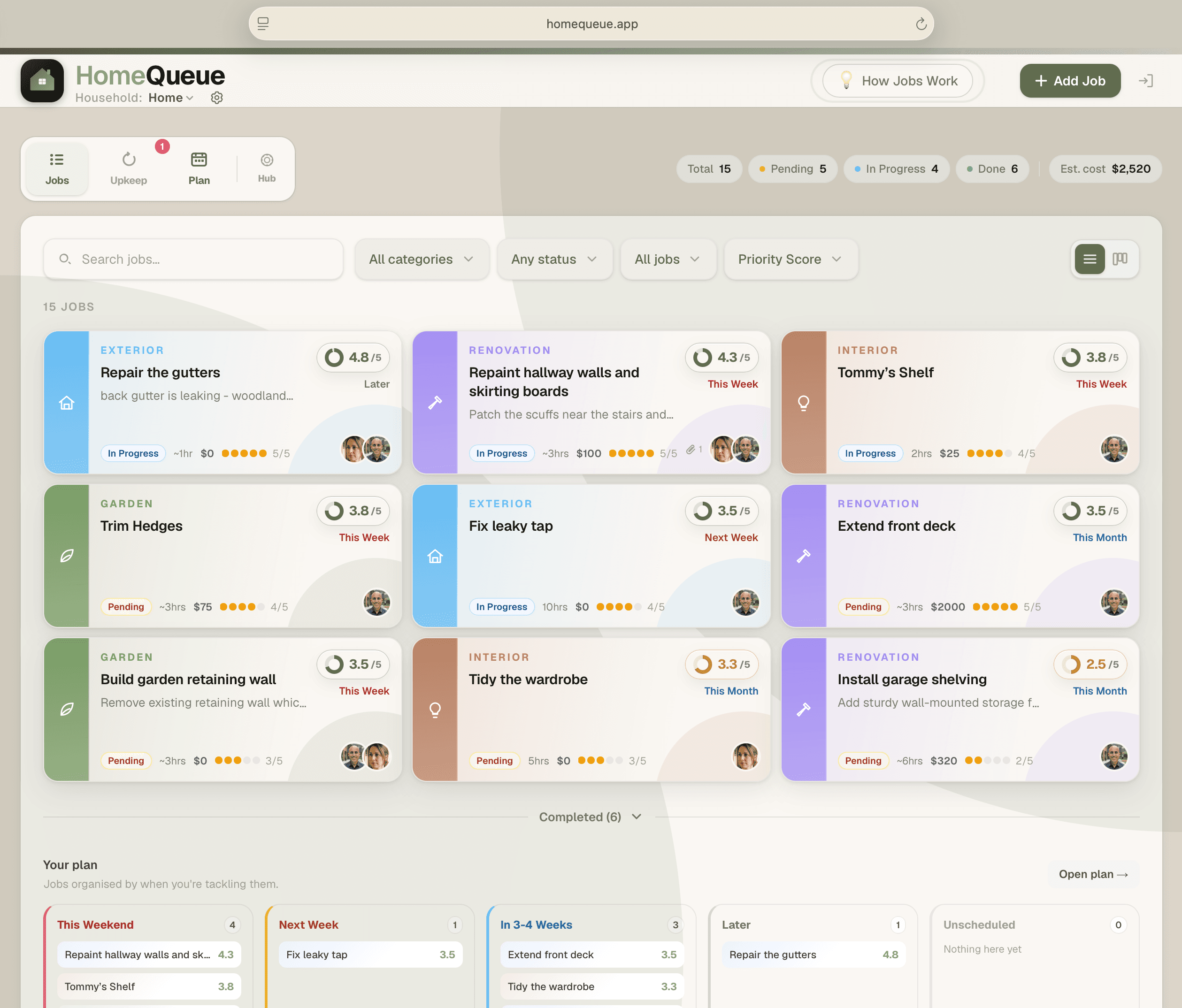 HomeQueue desktop web app in a browser showing a household backlog ranked by priority