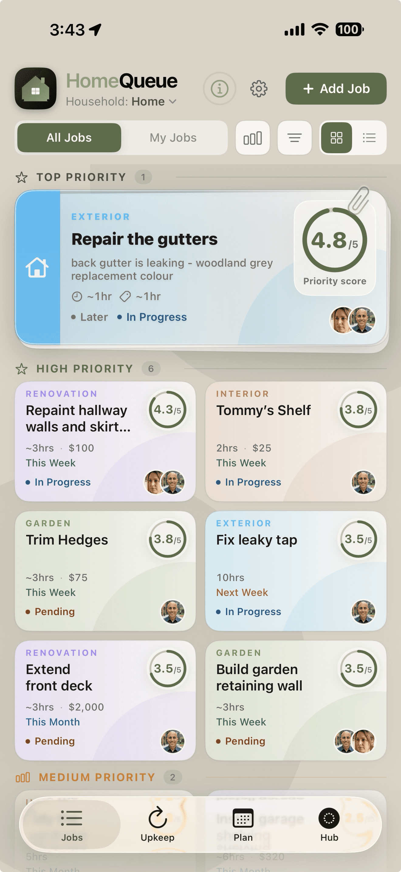 HomeQueue mobile app showing a top priority home repair