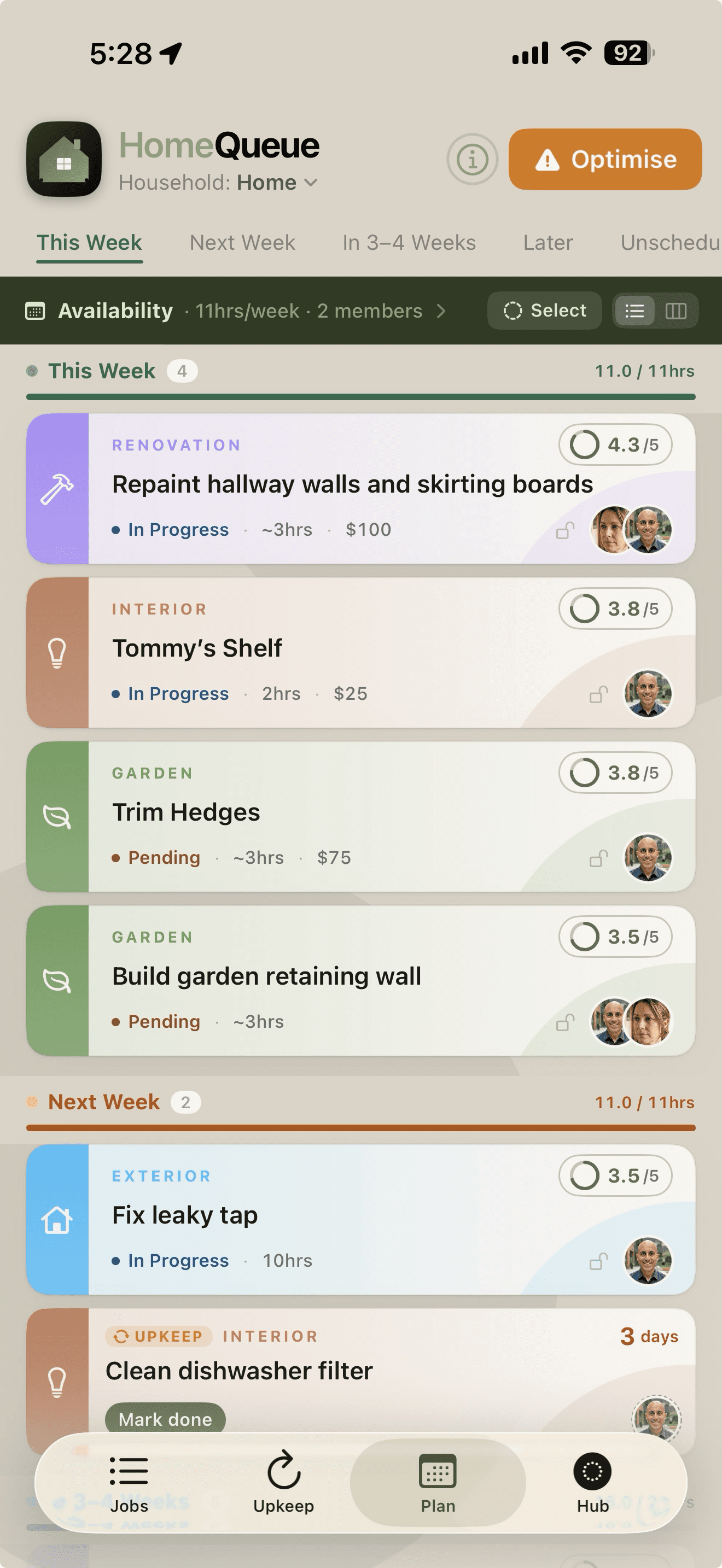 HomeQueue planning screen showing available time for home jobs