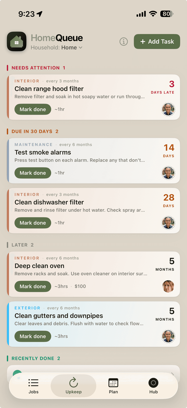 HomeQueue upkeep view showing recurring maintenance schedule tasks