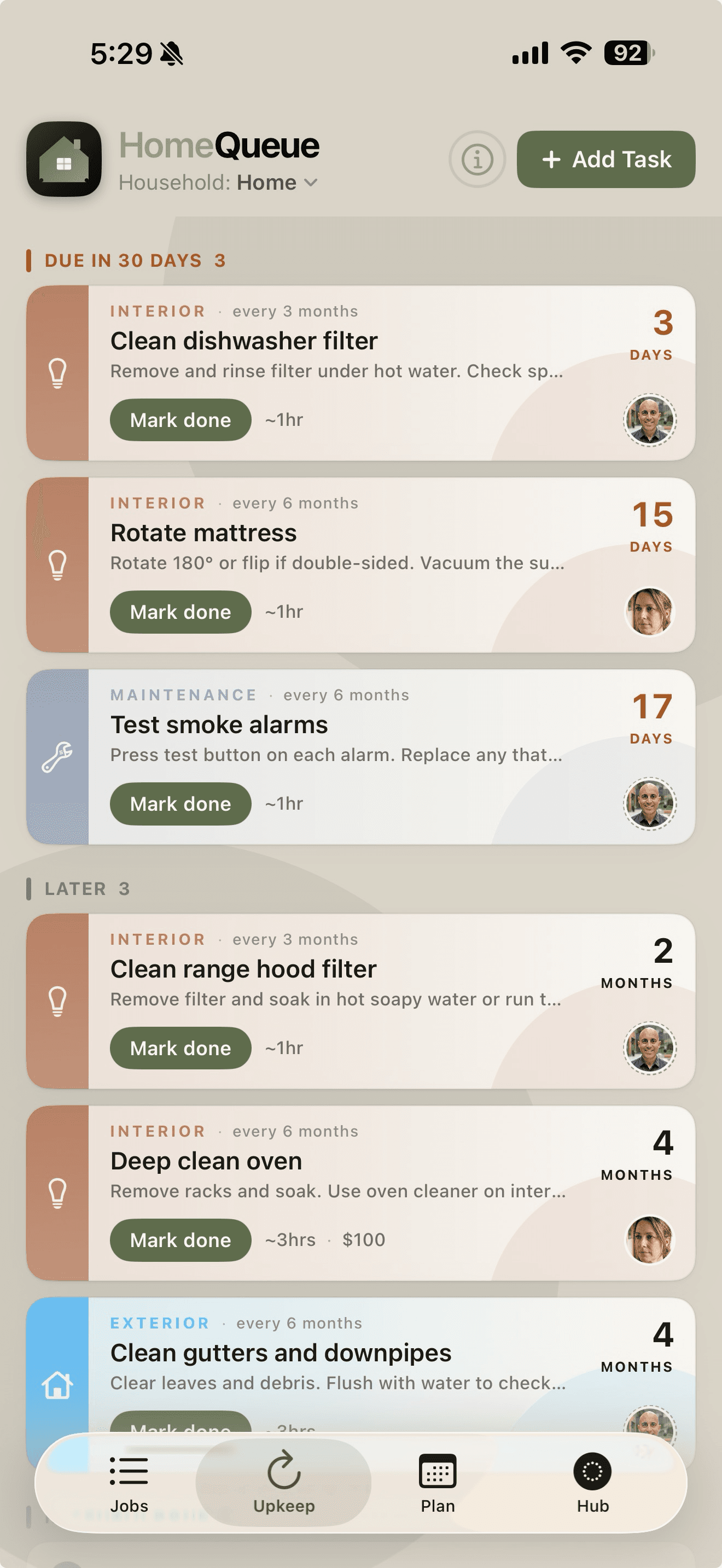 HomeQueue upkeep screen showing recurring home maintenance reminders