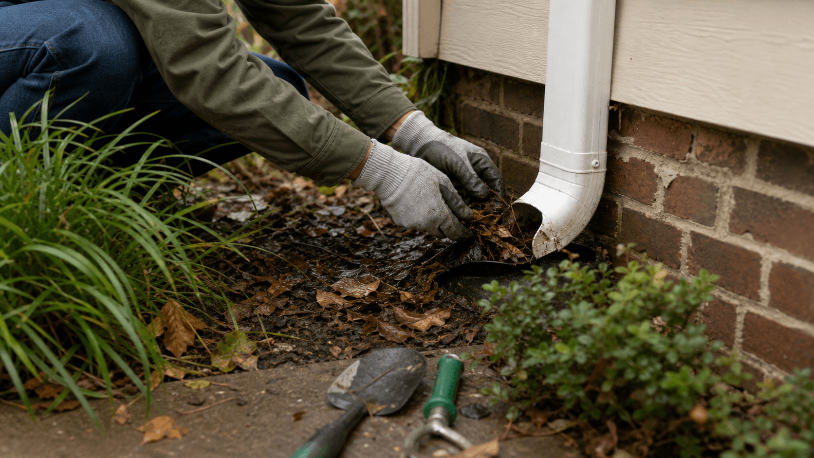Homeowner clearing leaves from an exterior downpipe drain
