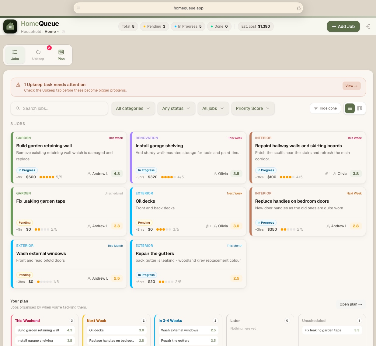 HomeQueue home maintenance app on desktop