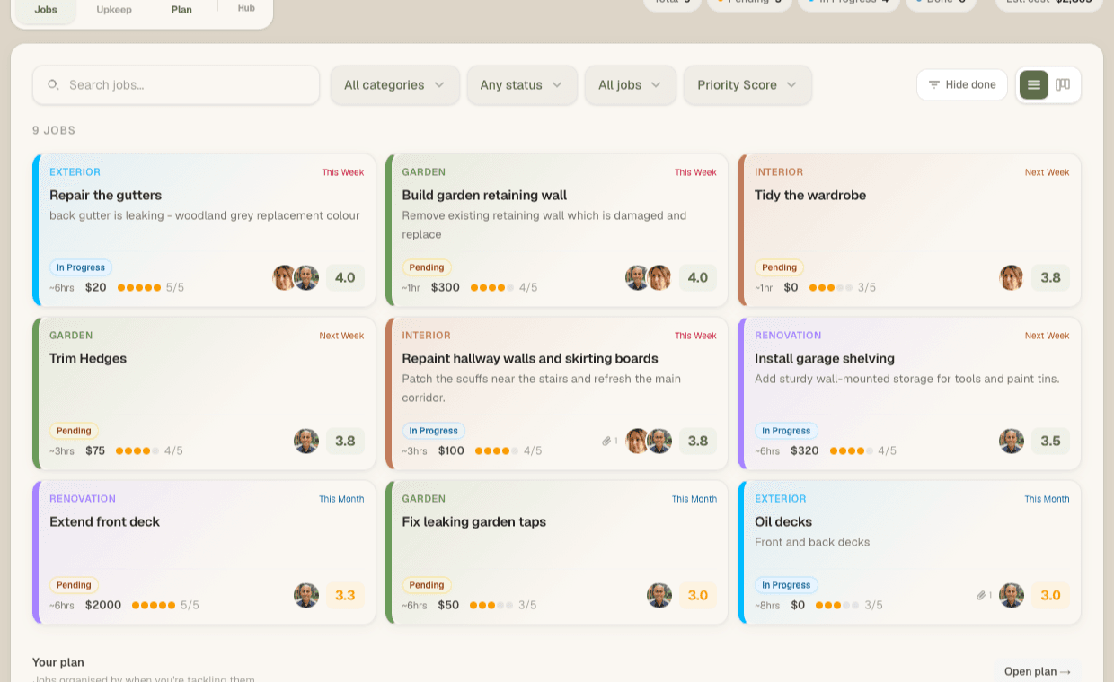 HomeQueue maintenance planner showing home jobs and priority scores