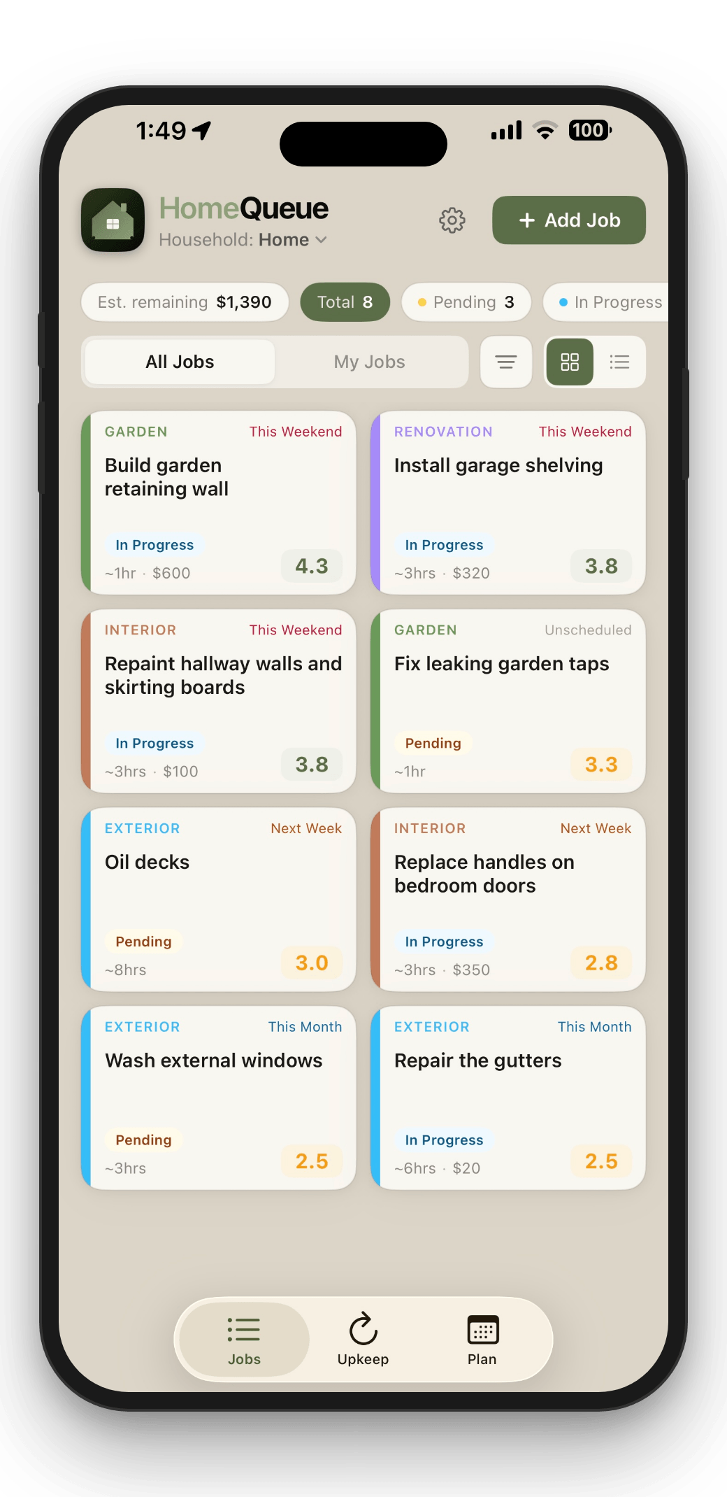 HomeQueue home maintenance app on iPhone
