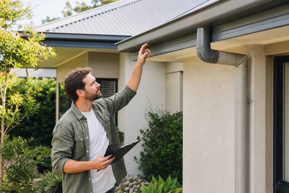 Homeowner checking exterior gutters and downpipes with a home maintenance checklist
