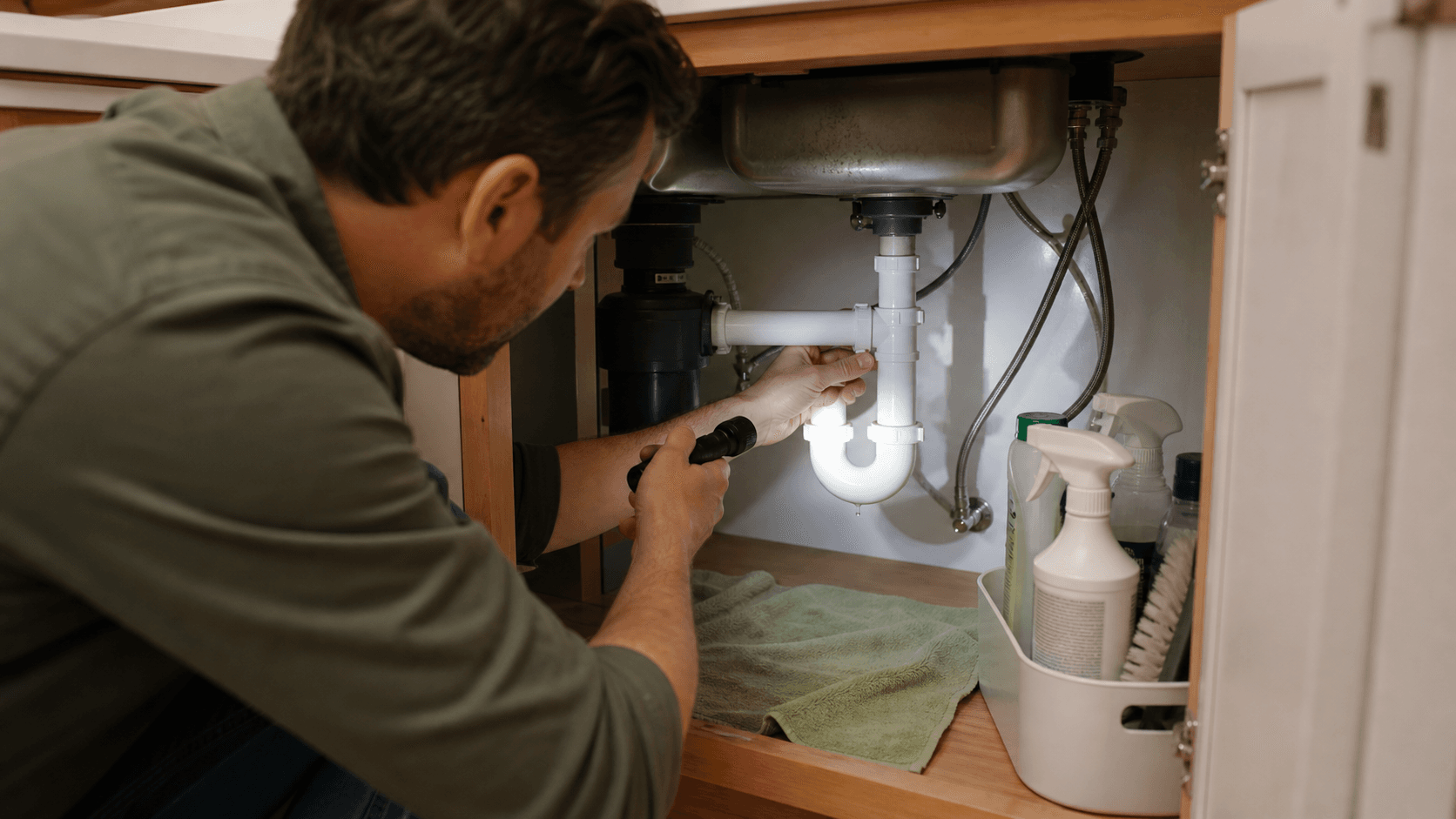 Homeowner inspecting plumbing under a kitchen sink