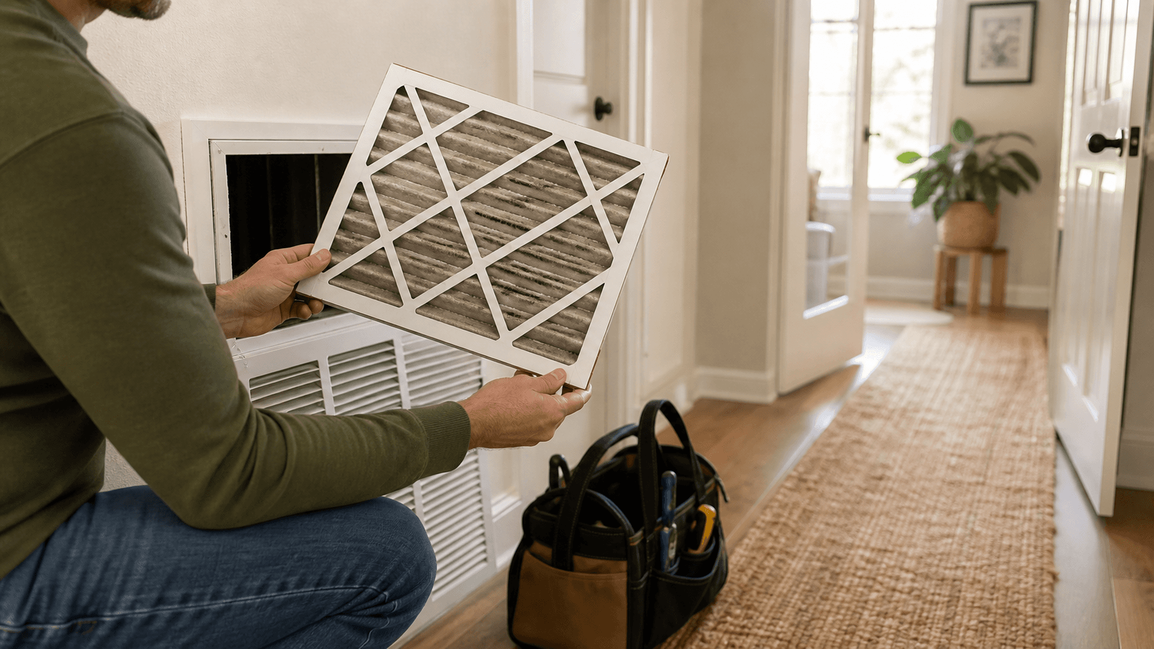 Homeowner checking a home air filter as routine maintenance