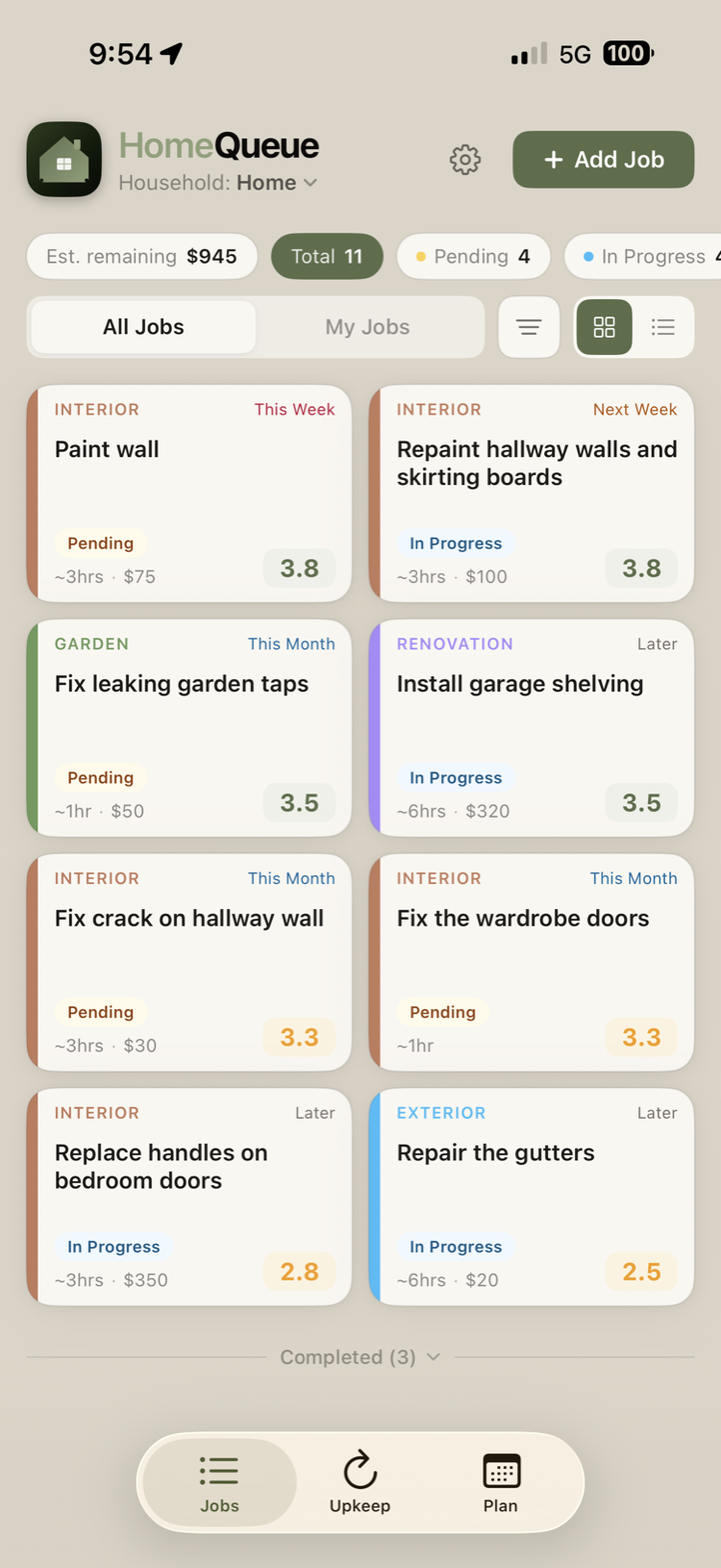 HomeQueue jobs ranked by priority score on iPhone