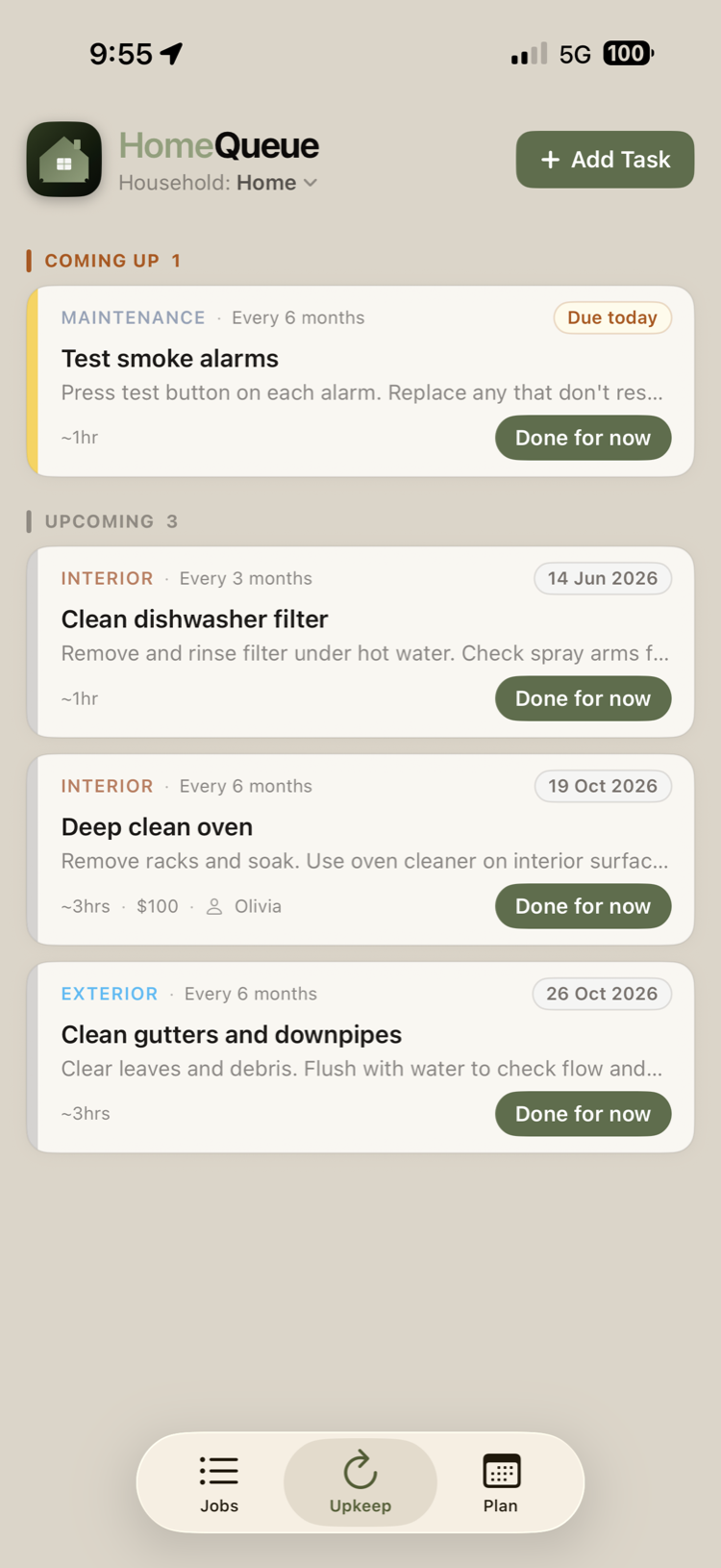 HomeQueue recurring upkeep tasks on iPhone