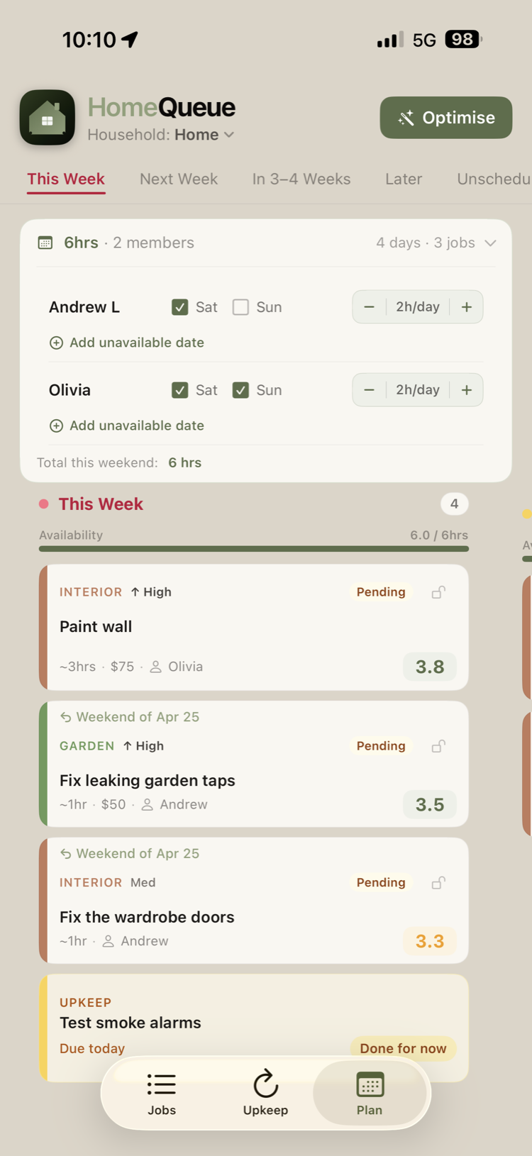 HomeQueue weekend plan with availability on iPhone